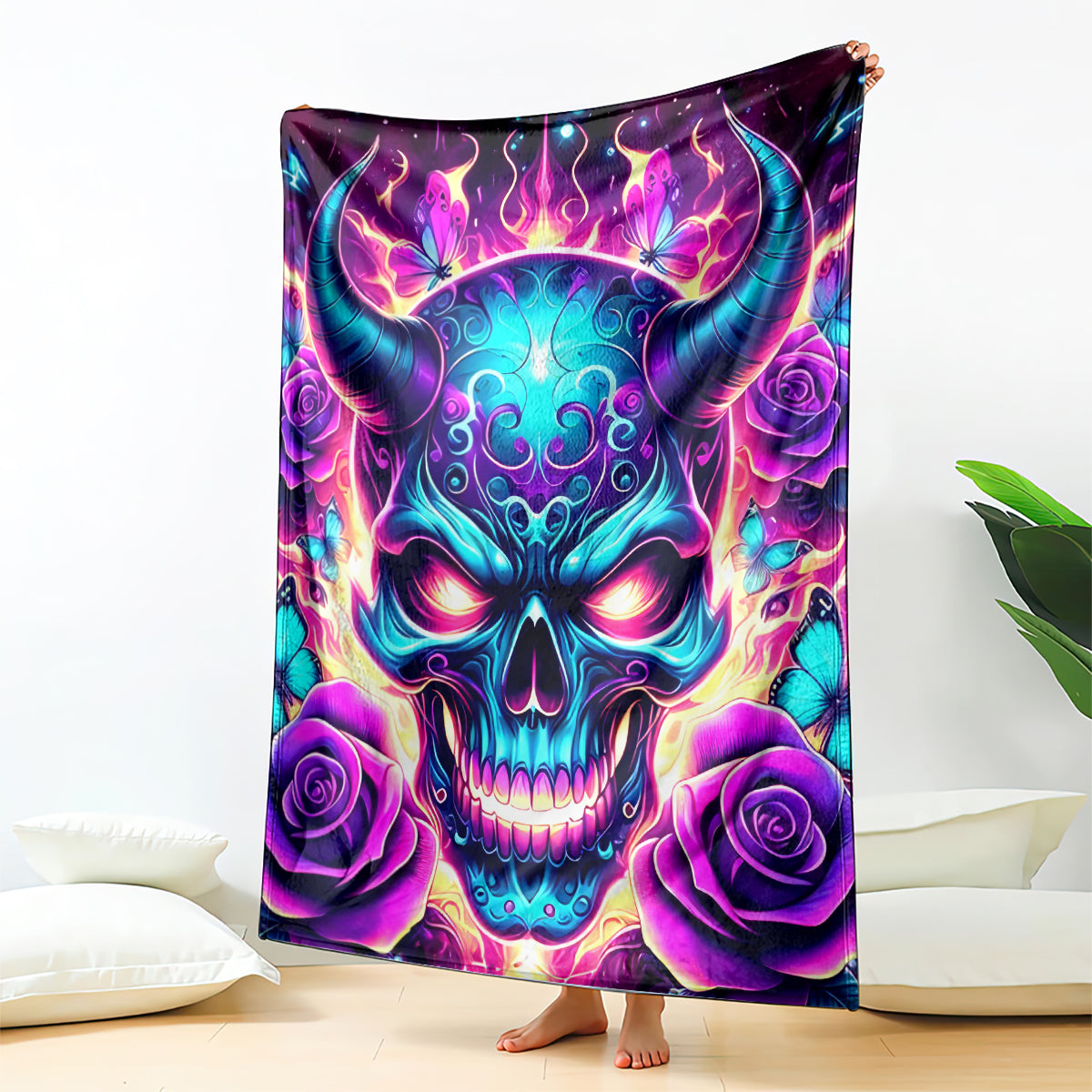 Oversized skull tapestry blanket with purple rose details and glowing teal heart design