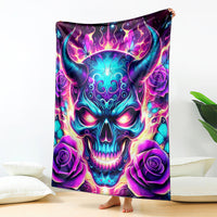 Oversized skull tapestry blanket with purple rose details and glowing teal heart design