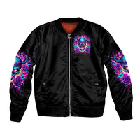 Black unisex bomber jacket with front neon skull graphic, full zipper and ribbed cuffs