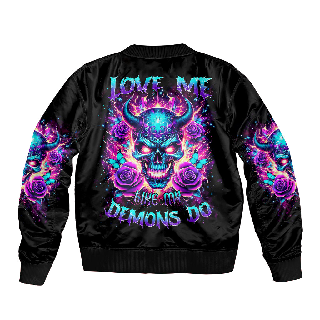 Black unisex bomber jacket with neon purple skull and 'Love Me Like My Demons Do' back print
