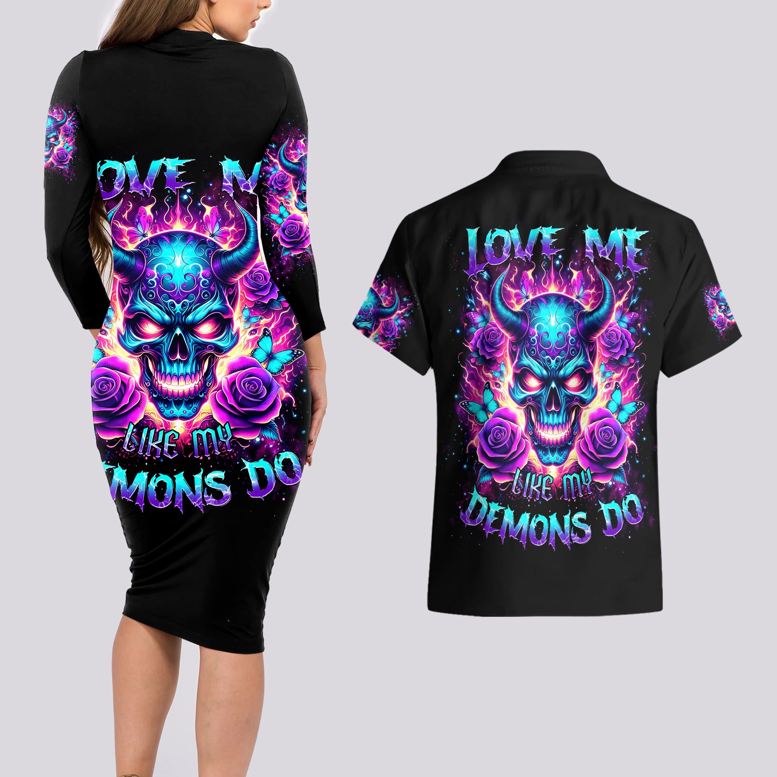 Thunder Skull Couples Matching Long Sleeve Bodycon Dress and Hawaiian Shirt Love Me Like My Demons Do - Wonder Print Shop