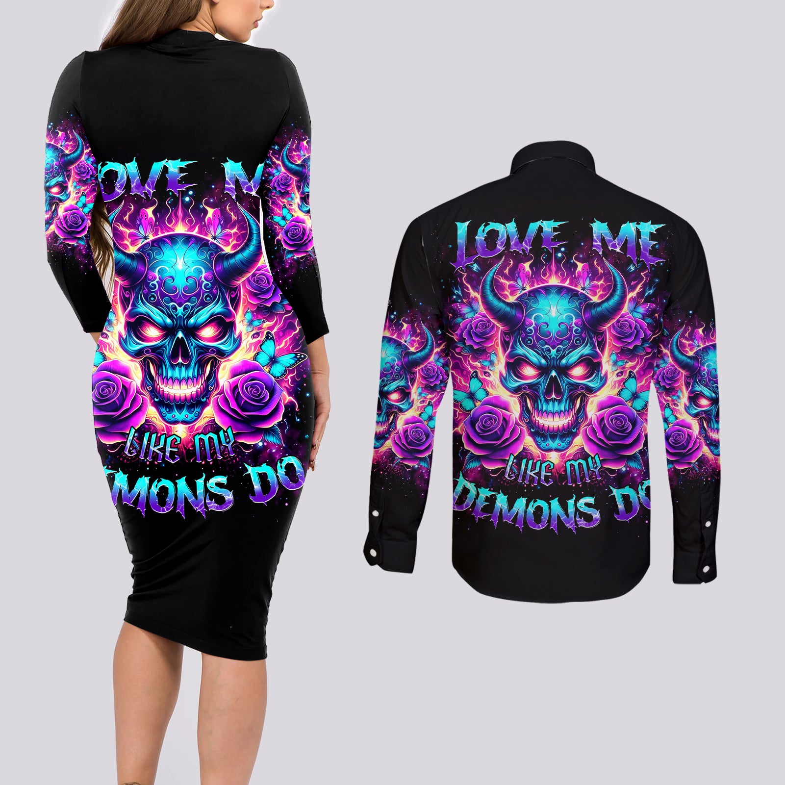 Thunder Skull Couples Matching Long Sleeve Bodycon Dress and Long Sleeve Button Shirt Love Me Like My Demons Do - Wonder Print Shop