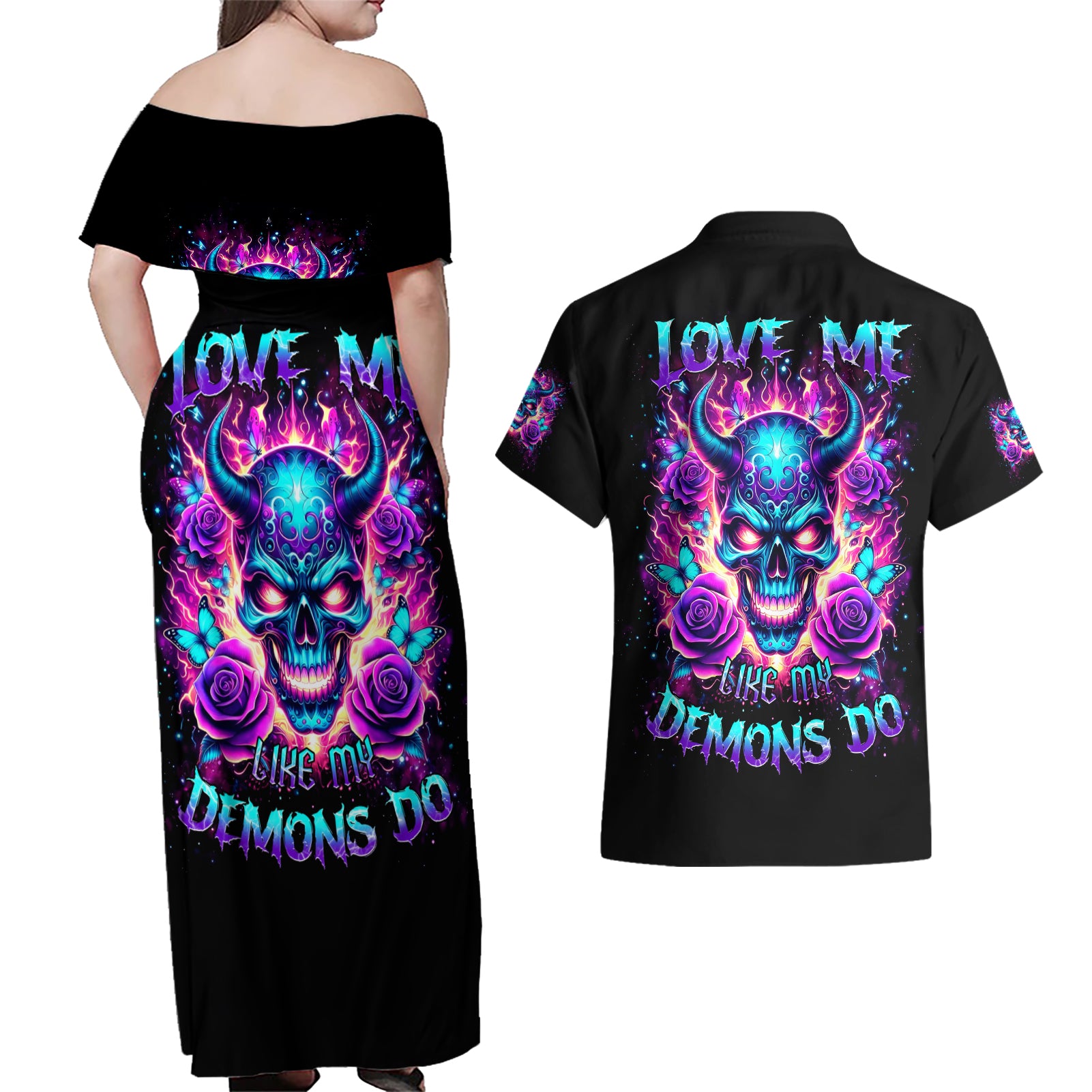 Thunder Skull Couples Matching Off Shoulder Maxi Dress and Hawaiian Shirt Love Me Like My Demons Do - Wonder Print Shop