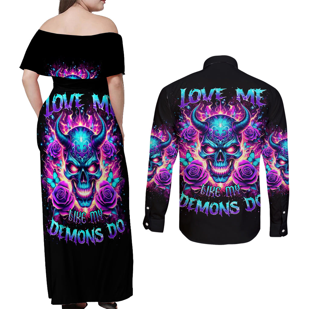 Thunder Skull Couples Matching Off Shoulder Maxi Dress and Long Sleeve Button Shirt Love Me Like My Demons Do - Wonder Print Shop