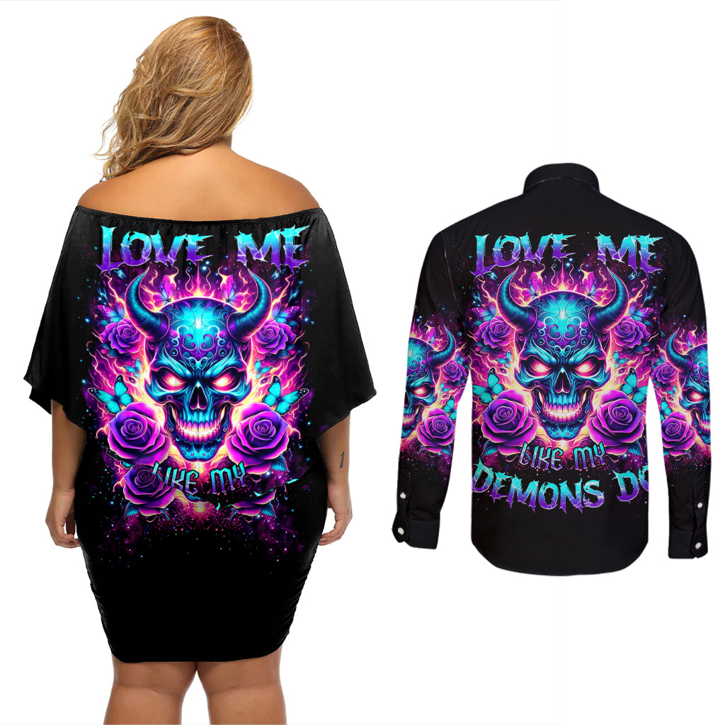 Thunder Skull Couples Matching Off Shoulder Short Dress and Long Sleeve Button Shirt Love Me Like My Demons Do - Wonder Print Shop