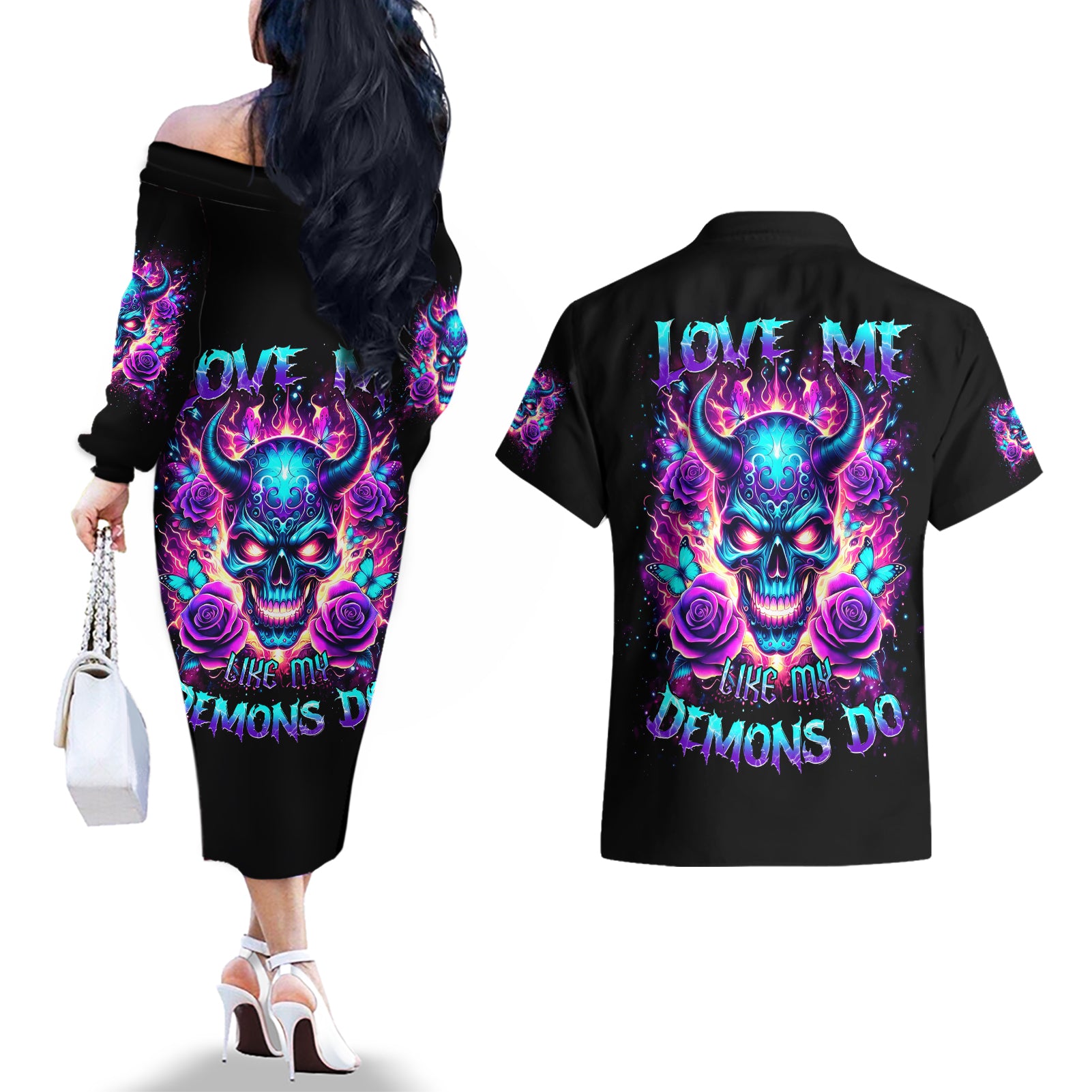 Thunder Skull Couples Matching Off The Shoulder Long Sleeve Dress and Hawaiian Shirt Love Me Like My Demons Do - Wonder Print Shop