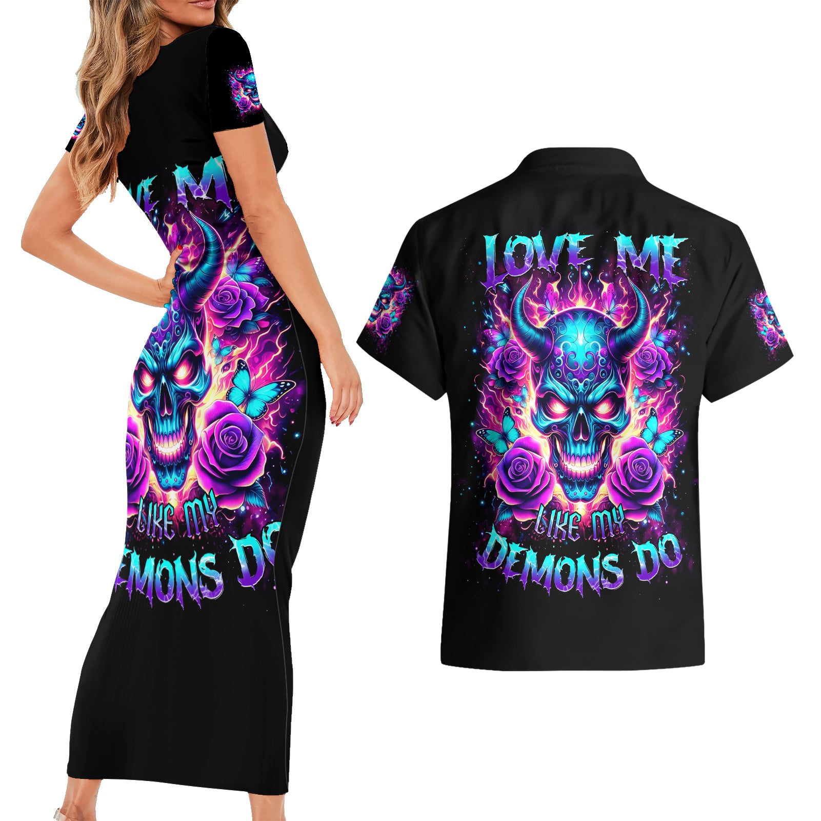 Thunder Skull Couples Matching Short Sleeve Bodycon Dress and Hawaiian Shirt Love Me Like My Demons Do - Wonder Print Shop