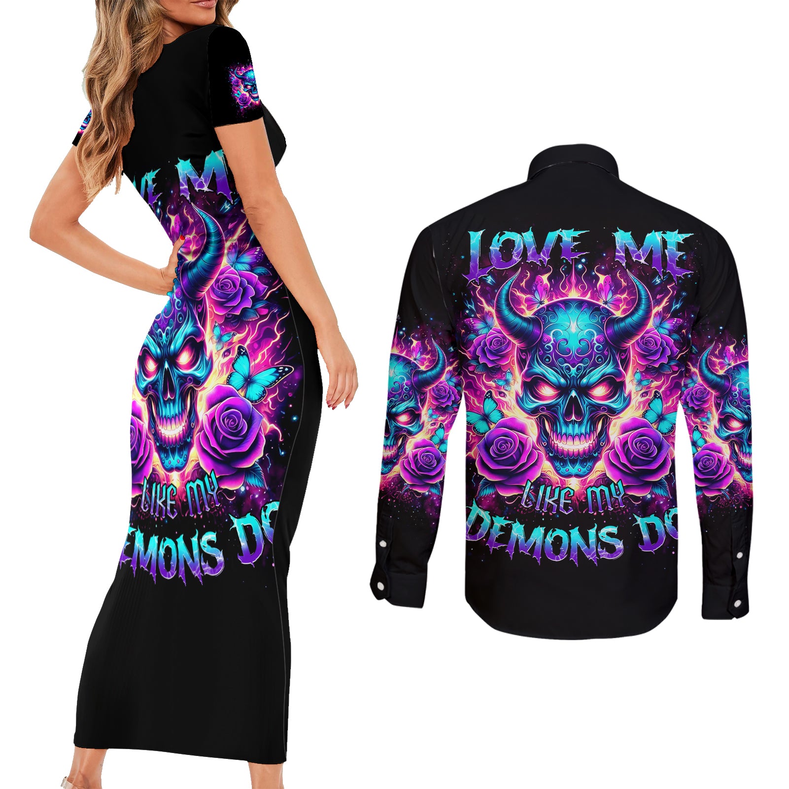 Thunder Skull Couples Matching Short Sleeve Bodycon Dress and Long Sleeve Button Shirt Love Me Like My Demons Do - Wonder Print Shop