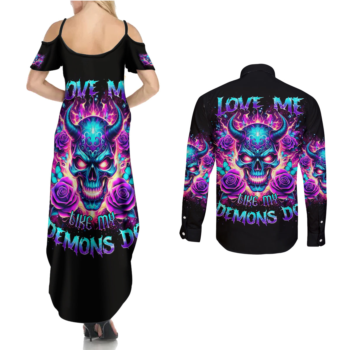 Thunder Skull Couples Matching Summer Maxi Dress and Long Sleeve Button Shirt Love Me Like My Demons Do - Wonder Print Shop