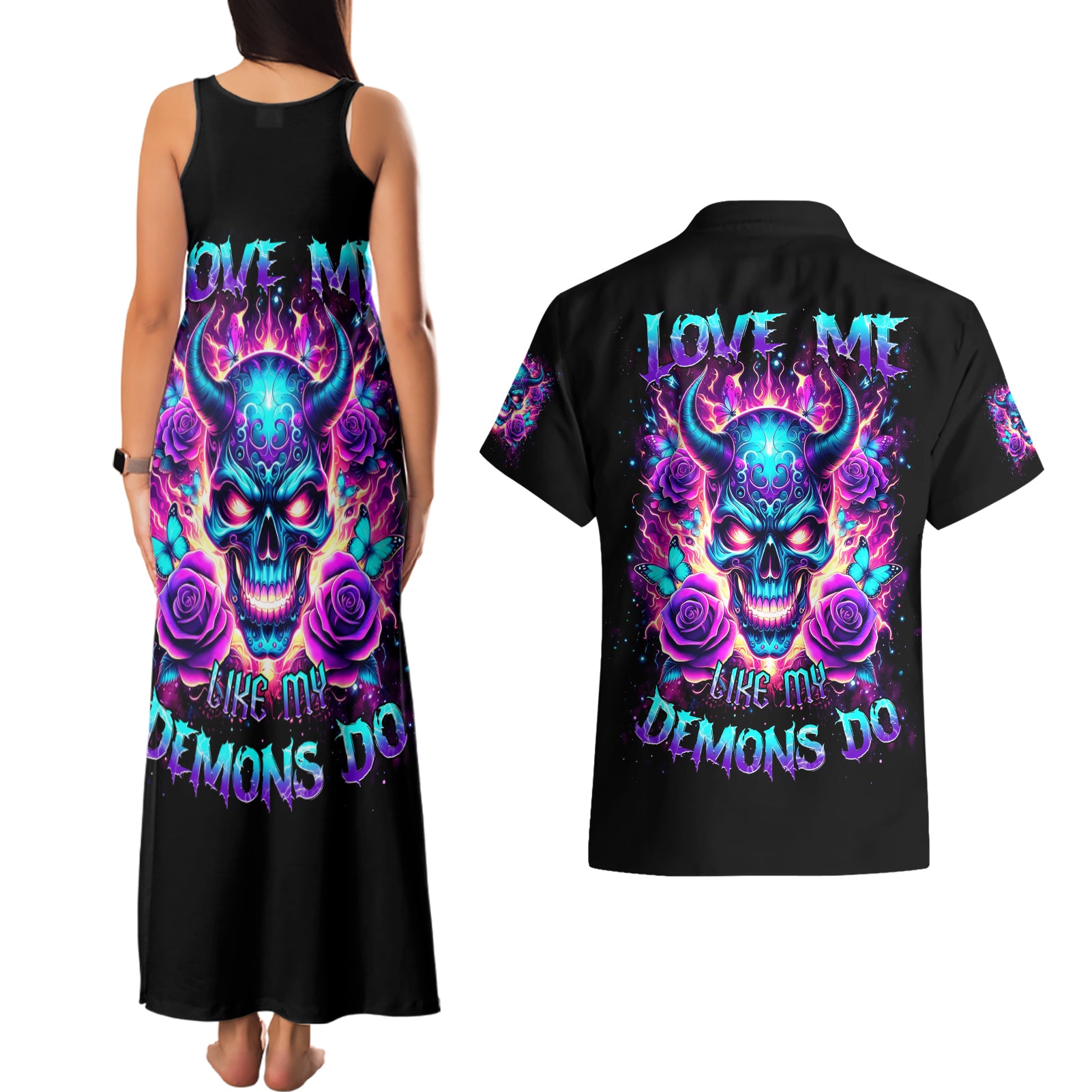 Thunder Skull Couples Matching Tank Maxi Dress and Hawaiian Shirt Love Me Like My Demons Do - Wonder Print Shop