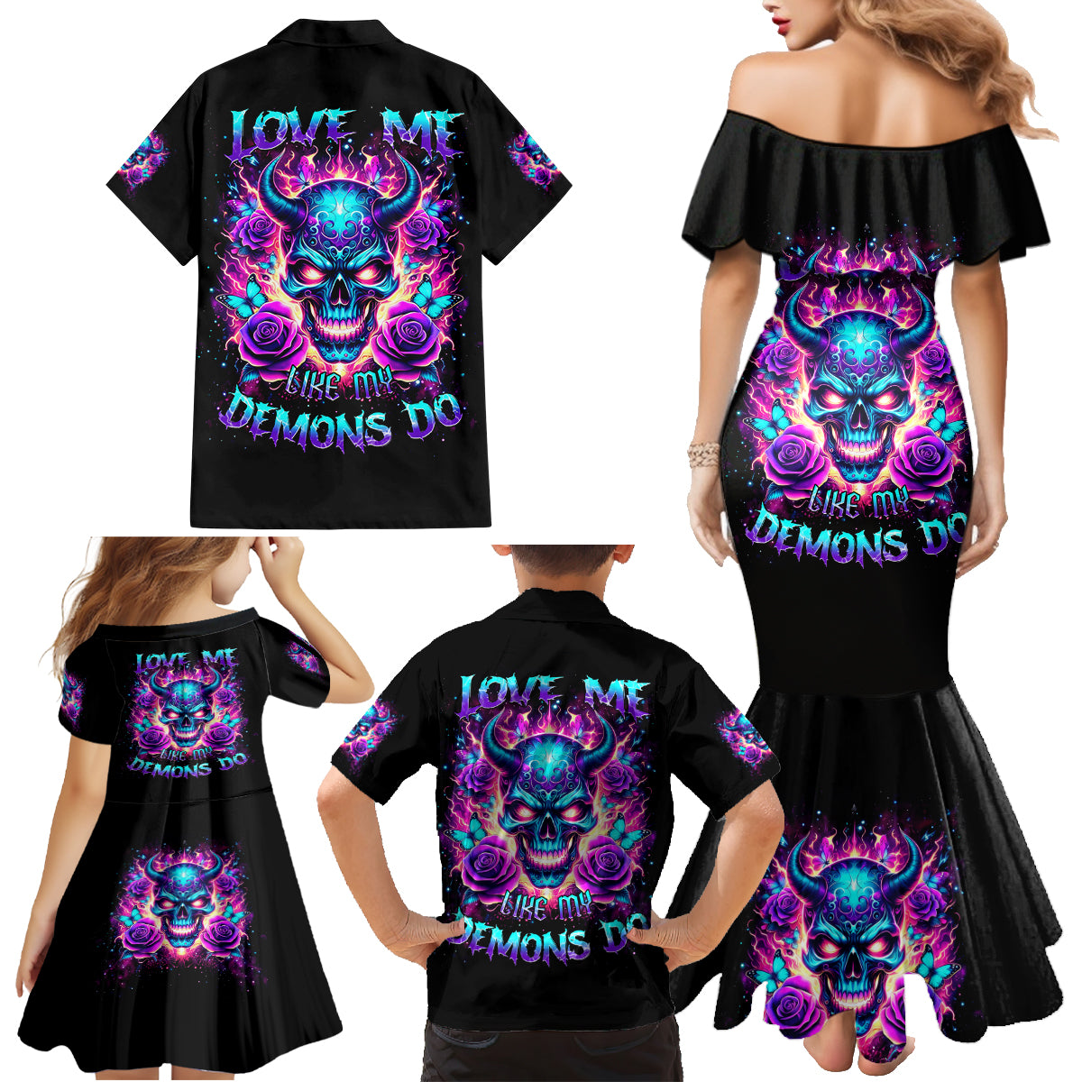 Thunder Skull Family Matching Mermaid Dress and Hawaiian Shirt Love Me Like My Demons Do - Wonder Print Shop