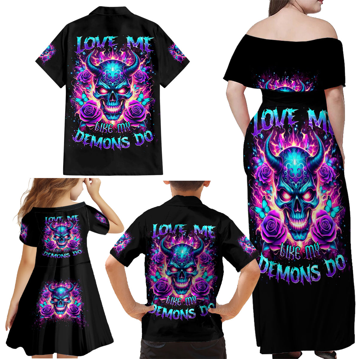 Thunder Skull Family Matching Off Shoulder Maxi Dress and Hawaiian Shirt Love Me Like My Demons Do - Wonder Print Shop