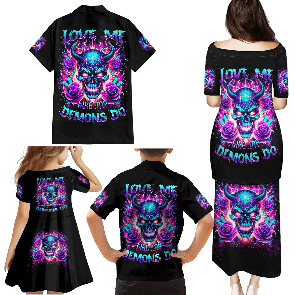 Thunder Skull Family Matching Puletasi and Hawaiian Shirt Love Me Like My Demons Do - Wonder Print Shop