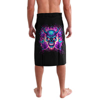 Black knee-length lavalava with colorful skull and rose graphic on front
