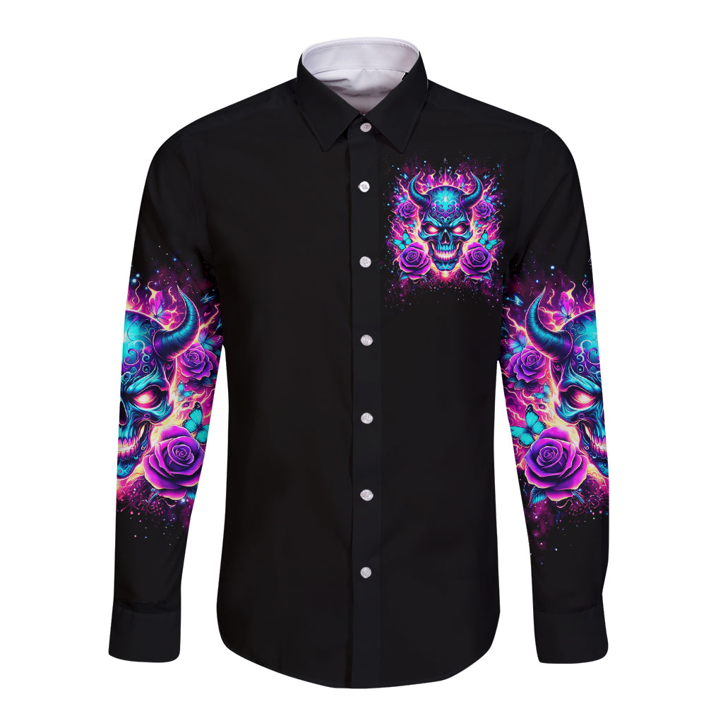 Black long sleeve button shirt, front skull with horns graphic and rose sleeve print