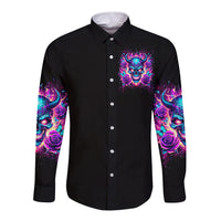 Black long sleeve button shirt, front skull with horns graphic and rose sleeve print
