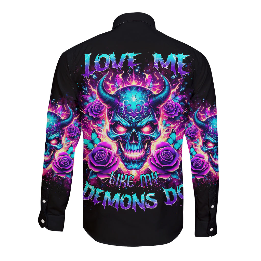 Black long sleeve button shirt, back skull with horns and roses graphic