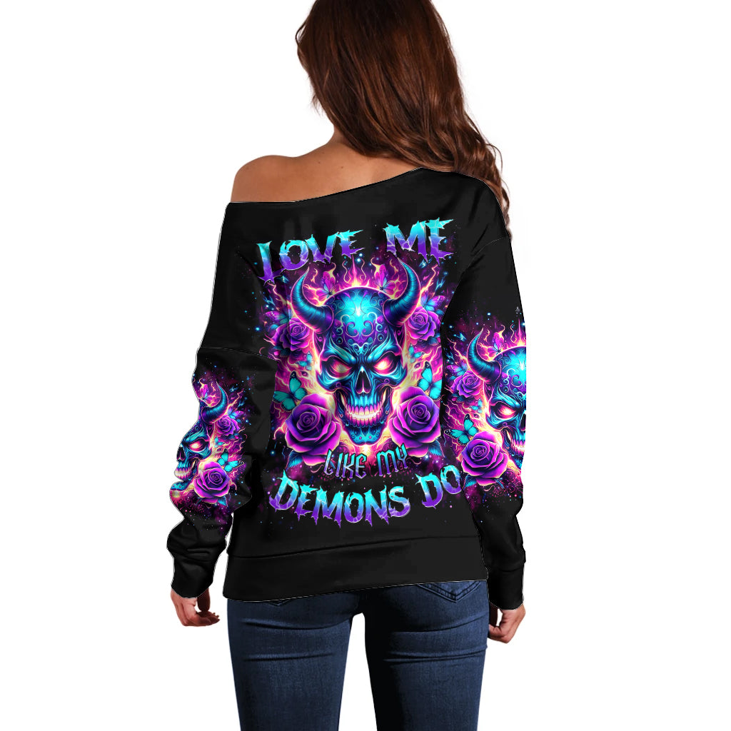 Thunder Skull Off Shoulder Sweater Love Me Like My Demons Do - Wonder Print Shop