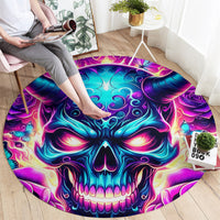 Round skull graphic rug with bright purple, blue, and pink flames around the face