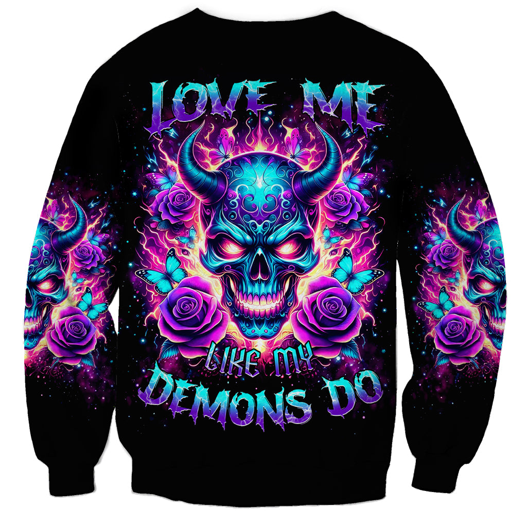 Black crewneck sweatshirt with neon skull and roses graphic, flame text
