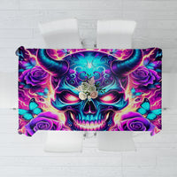 Skull and rose printed tablecloth, purple and teal with dark border, rectangular