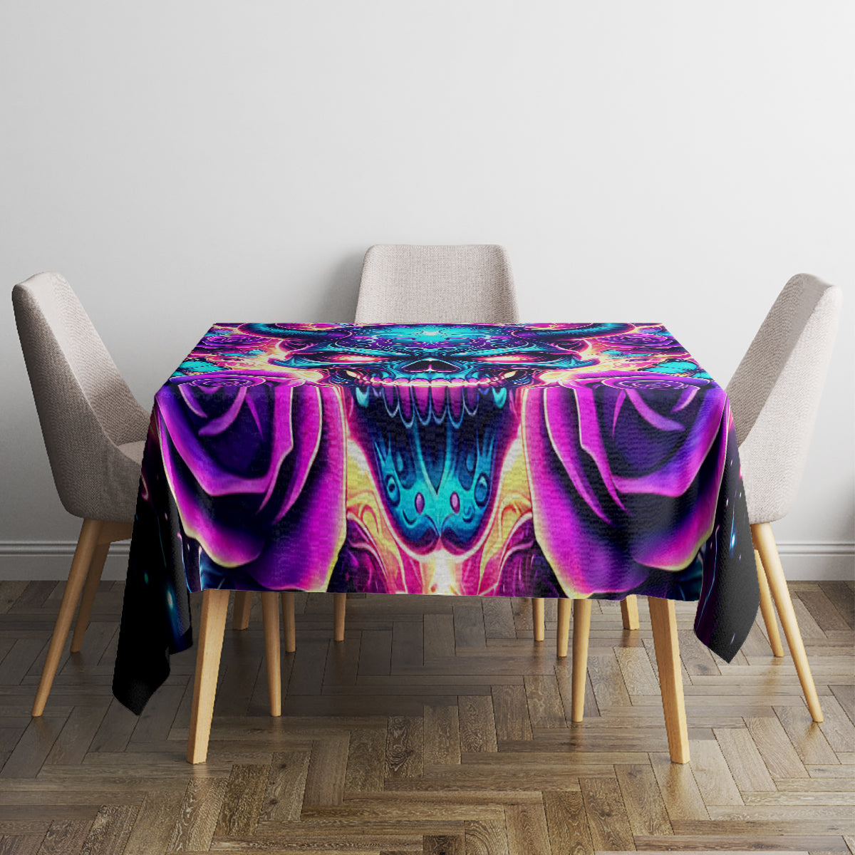 Purple and teal patterned skull tablecloth, neatly laid on a square table