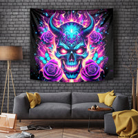 Square skull wall tapestry featuring luminous blue horns, purple roses, and neon butterflies