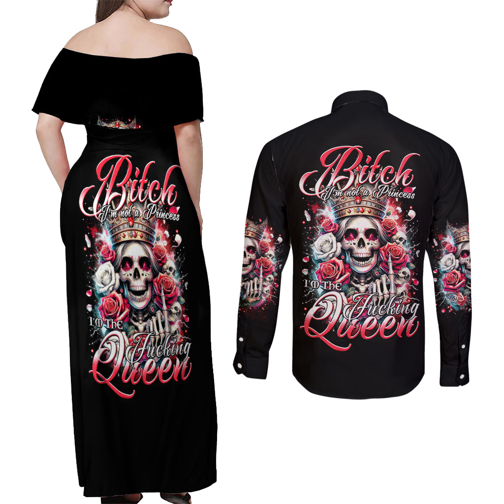 Queen Skull Couples Matching Off Shoulder Maxi Dress and Long Sleeve Button Shirt Bitch I'm Not A Princess I'm The Fucking Queen - Wonder Print Shop