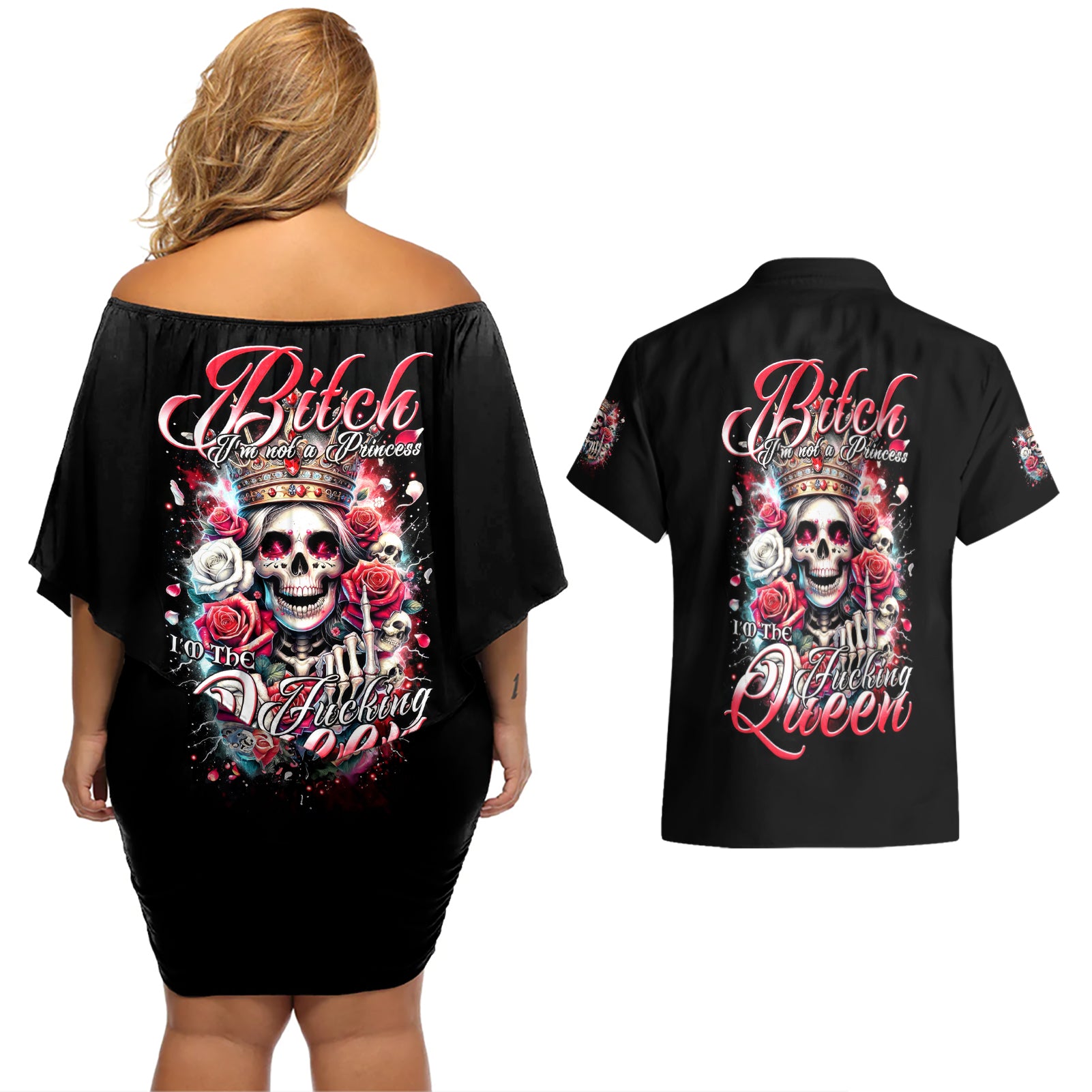 Queen Skull Couples Matching Off Shoulder Short Dress and Hawaiian Shirt Bitch I'm Not A Princess I'm The Fucking Queen - Wonder Print Shop