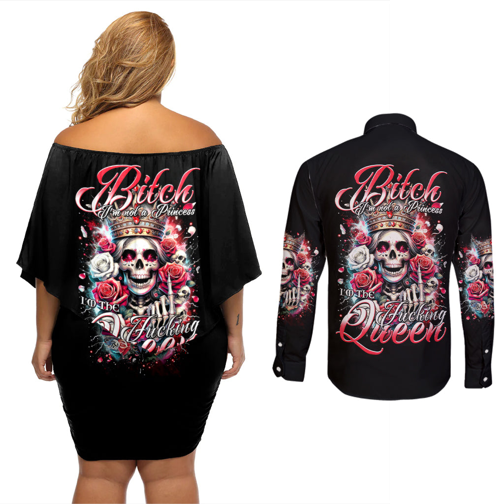 Queen Skull Couples Matching Off Shoulder Short Dress and Long Sleeve Button Shirt Bitch I'm Not A Princess I'm The Fucking Queen - Wonder Print Shop