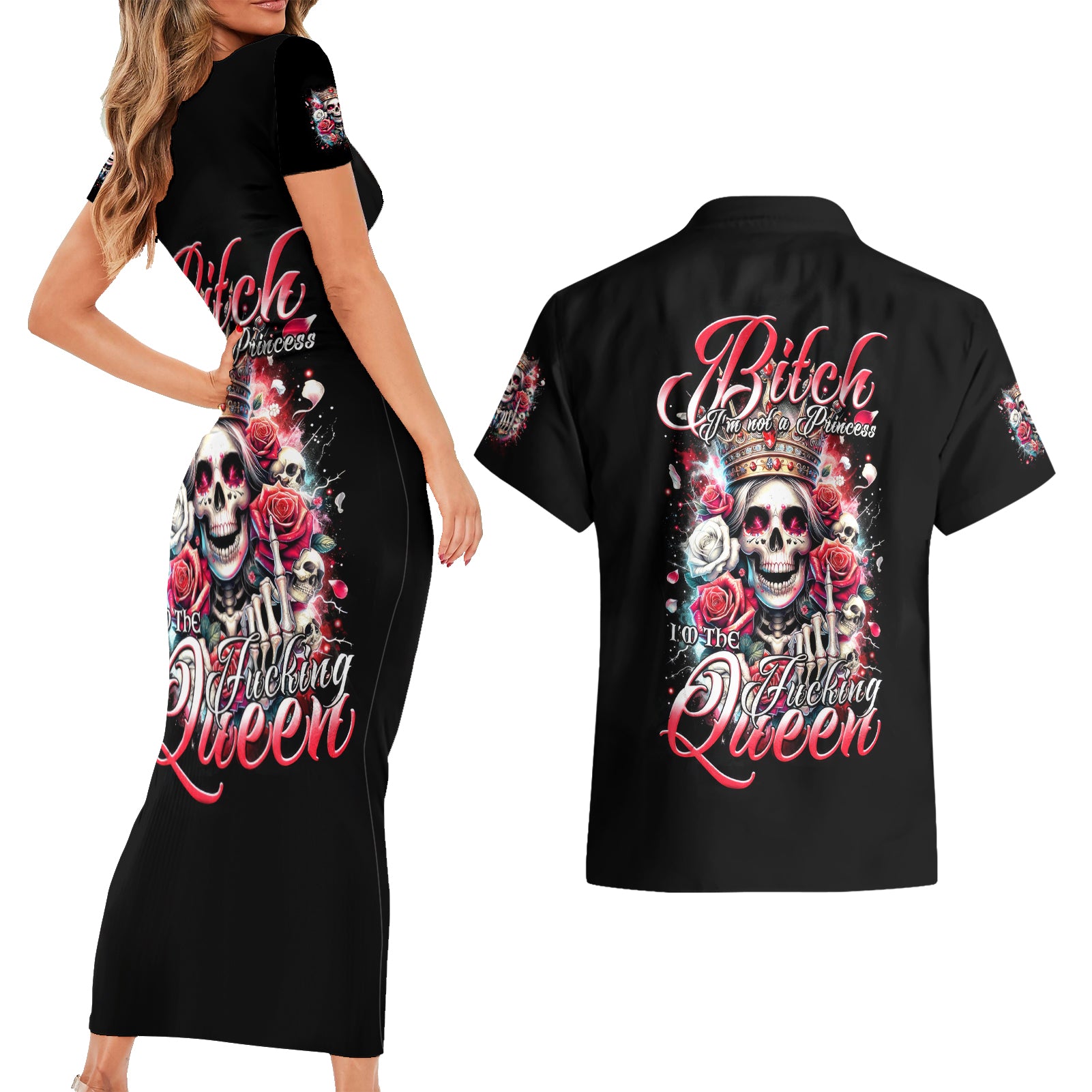 Queen Skull Couples Matching Short Sleeve Bodycon Dress and Hawaiian Shirt Bitch I'm Not A Princess I'm The Fucking Queen - Wonder Print Shop