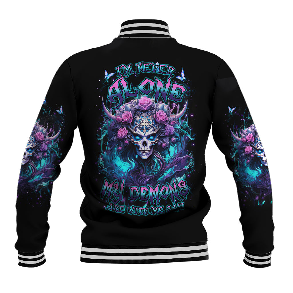 Black unisex baseball jacket with rose skull graphic on back, striped ribbed collar and cuffs
