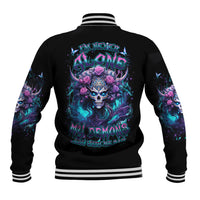 Black unisex baseball jacket with rose skull graphic on back, striped ribbed collar and cuffs