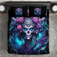 Skull bedding set: black comforter with glowing blue-purple skull, roses, and 2 pillows