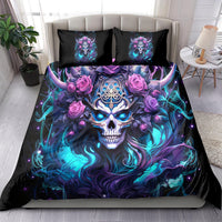 Skull bedding set with black comforter, neon blue-purple skull, purple roses, and 2 pillows