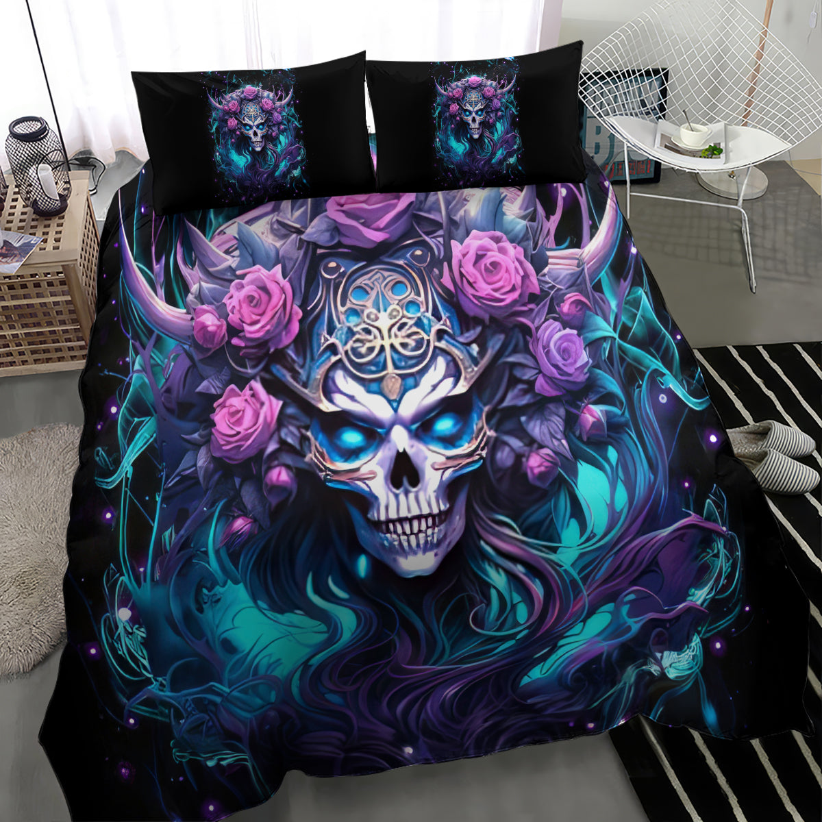 Skull bedding set with blue-purple glowing skull, purple roses, black comforter, and 2 pillows