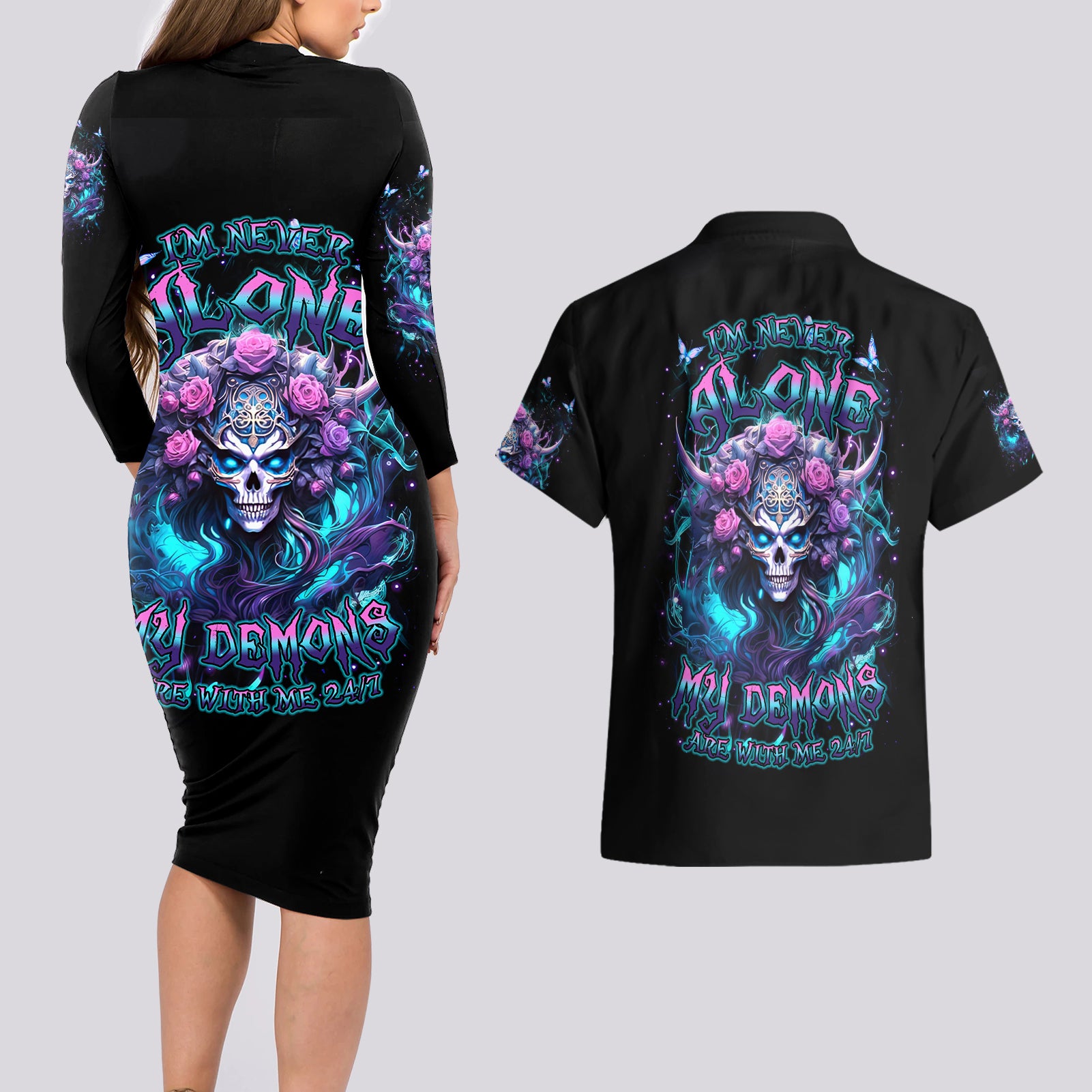 Rose Skull Couples Matching Long Sleeve Bodycon Dress and Hawaiian Shirt I'm Never Alone My Demons Are With Me 24/7 - Wonder Print Shop