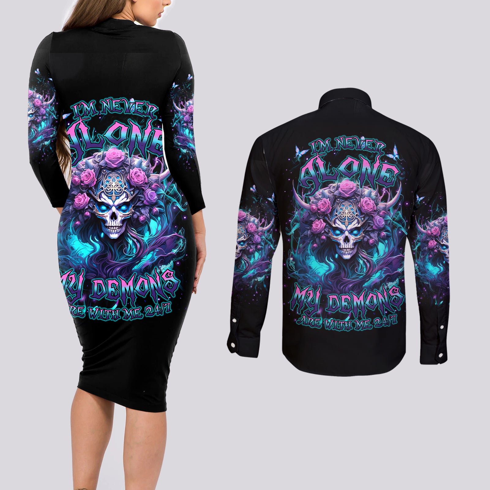 Rose Skull Couples Matching Long Sleeve Bodycon Dress and Long Sleeve Button Shirt I'm Never Alone My Demons Are With Me 24/7 - Wonder Print Shop