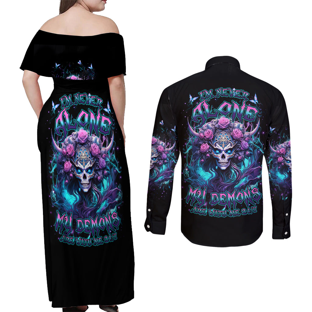 Rose Skull Couples Matching Off Shoulder Maxi Dress and Long Sleeve Button Shirt I'm Never Alone My Demons Are With Me 24/7 - Wonder Print Shop