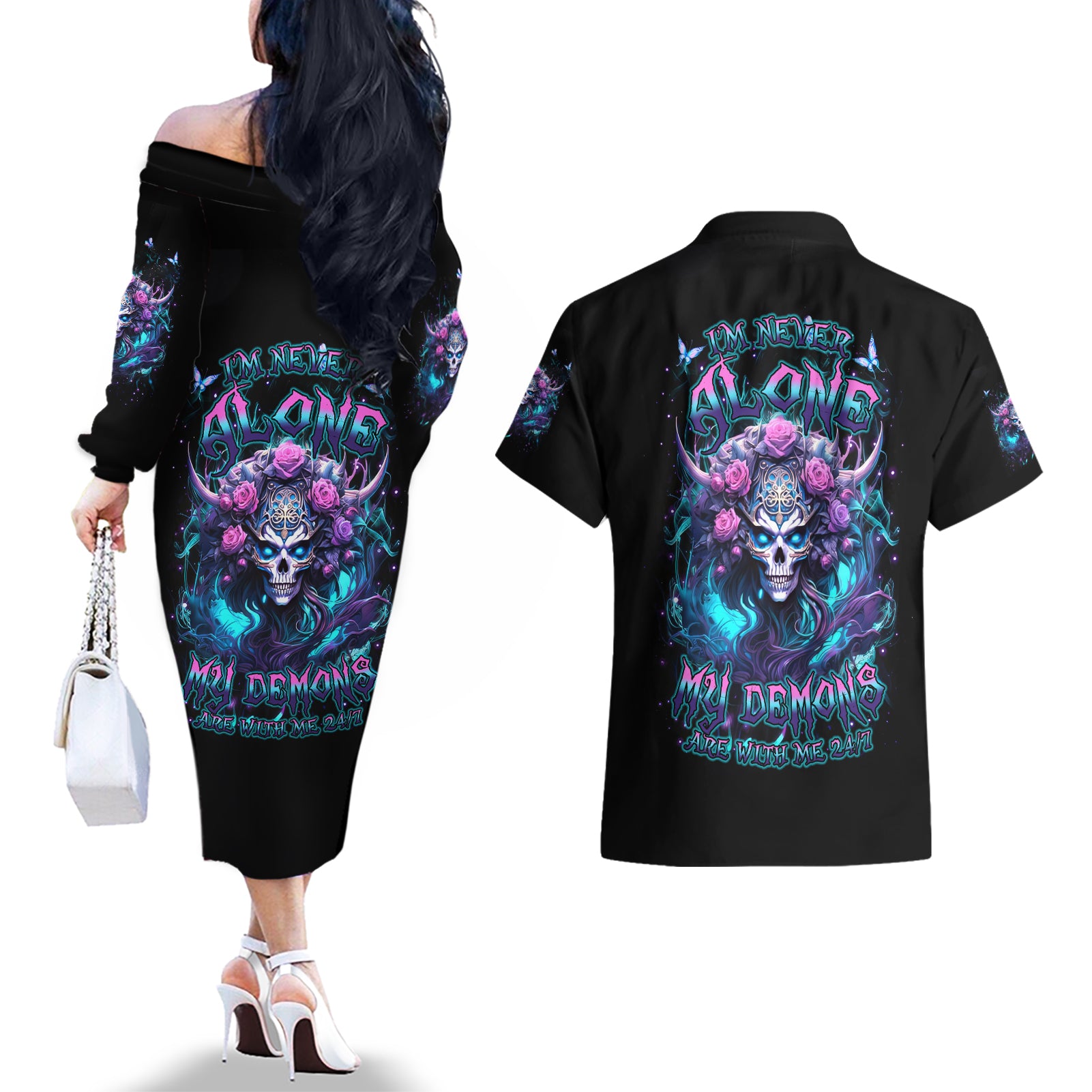 Rose Skull Couples Matching Off The Shoulder Long Sleeve Dress and Hawaiian Shirt I'm Never Alone My Demons Are With Me 24/7 - Wonder Print Shop