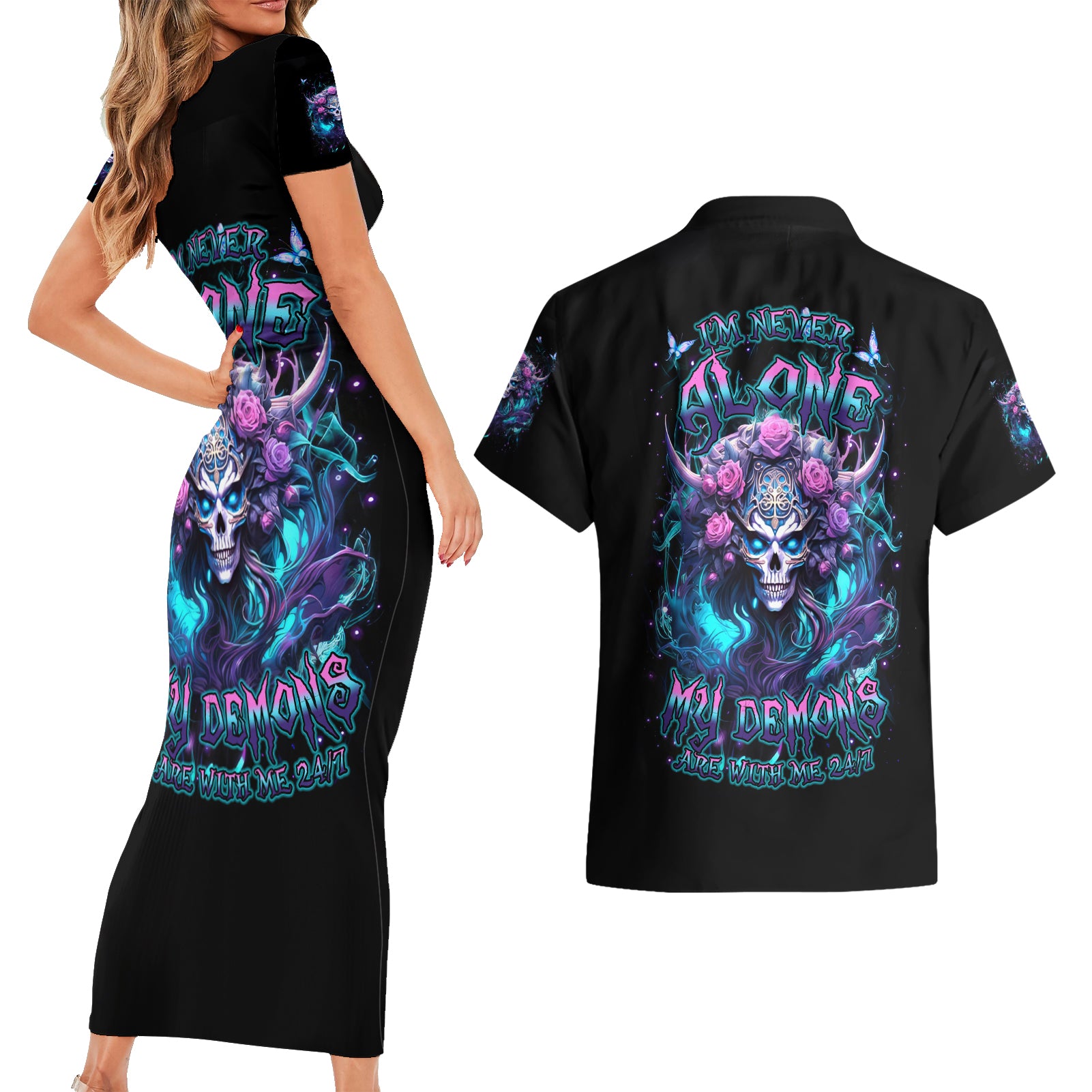 Rose Skull Couples Matching Short Sleeve Bodycon Dress and Hawaiian Shirt I'm Never Alone My Demons Are With Me 24/7 - Wonder Print Shop