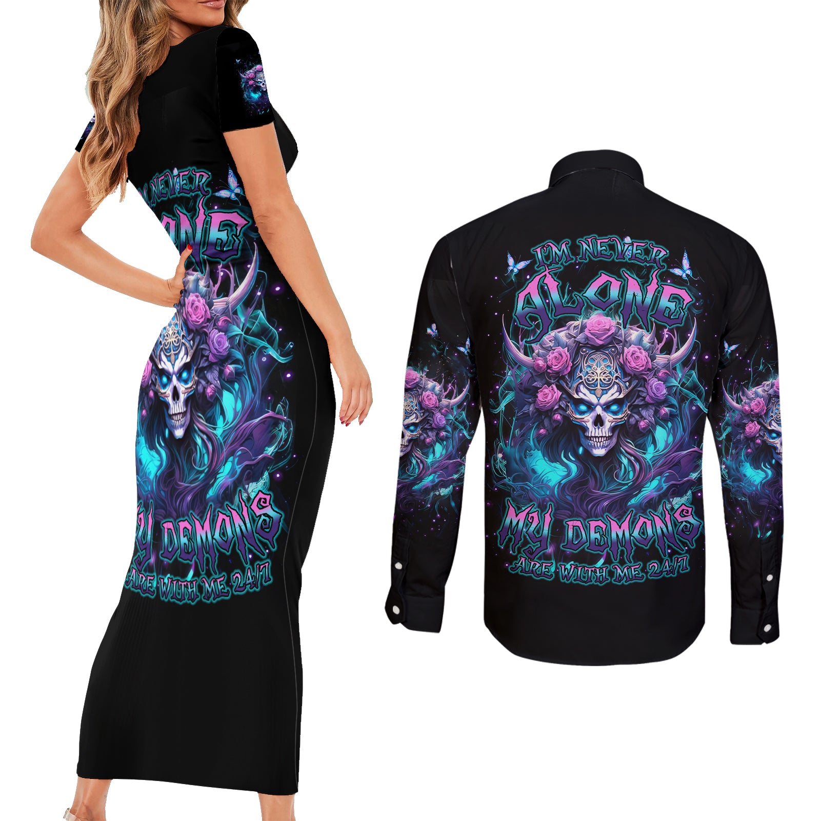 Rose Skull Couples Matching Short Sleeve Bodycon Dress and Long Sleeve Button Shirt I'm Never Alone My Demons Are With Me 24/7 - Wonder Print Shop