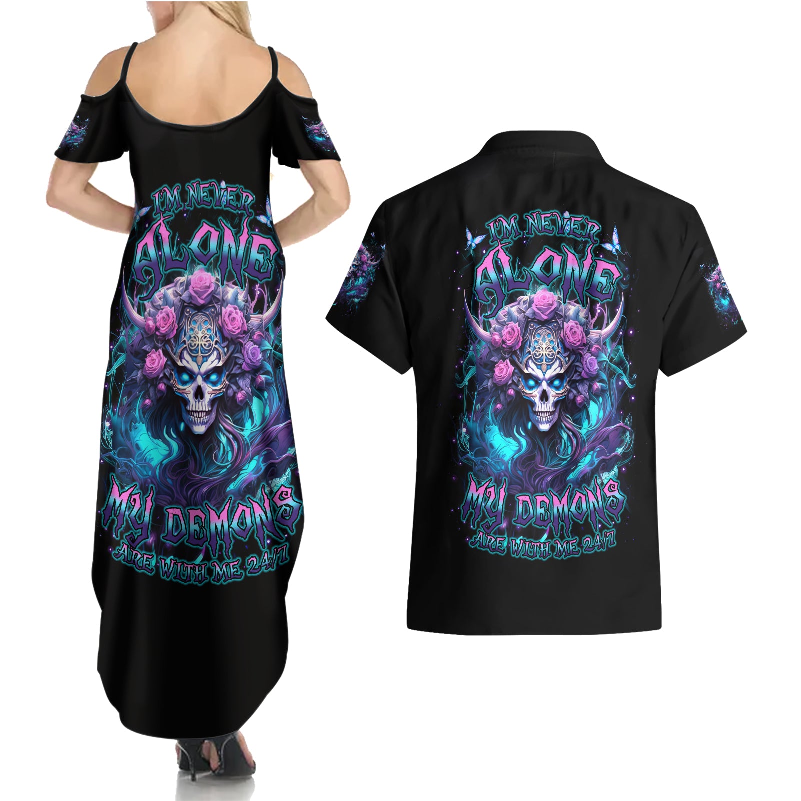 Rose Skull Couples Matching Summer Maxi Dress and Hawaiian Shirt I'm Never Alone My Demons Are With Me 24/7 - Wonder Print Shop