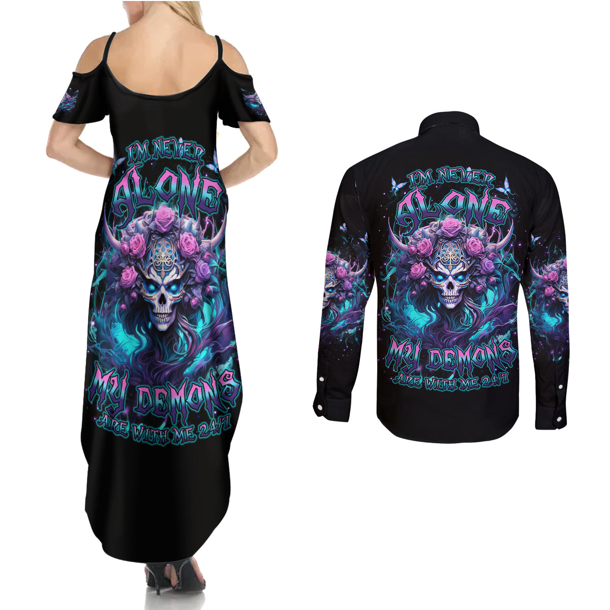 Rose Skull Couples Matching Summer Maxi Dress and Long Sleeve Button Shirt I'm Never Alone My Demons Are With Me 24/7 - Wonder Print Shop