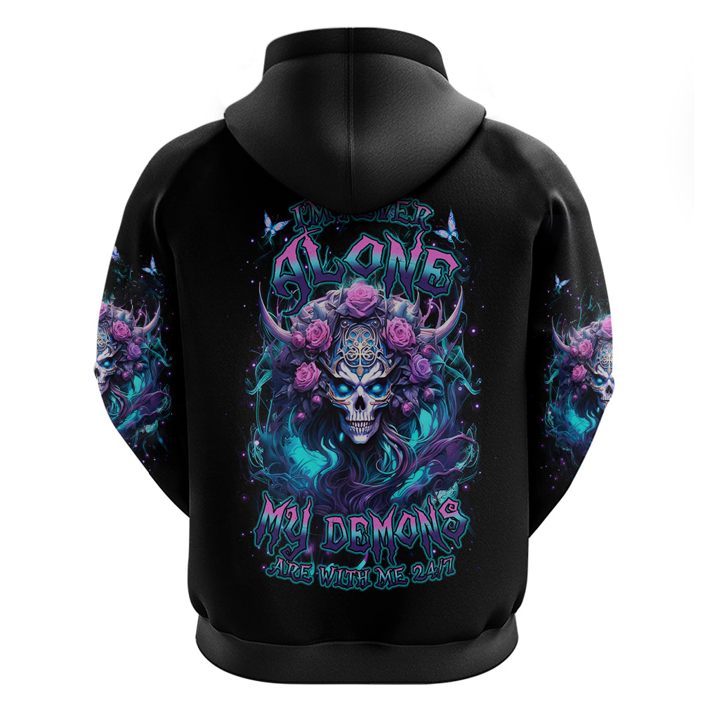 Rose Skull Hoodie I'm Never Alone My Demons Are With Me 24/7 - Wonder Print Shop