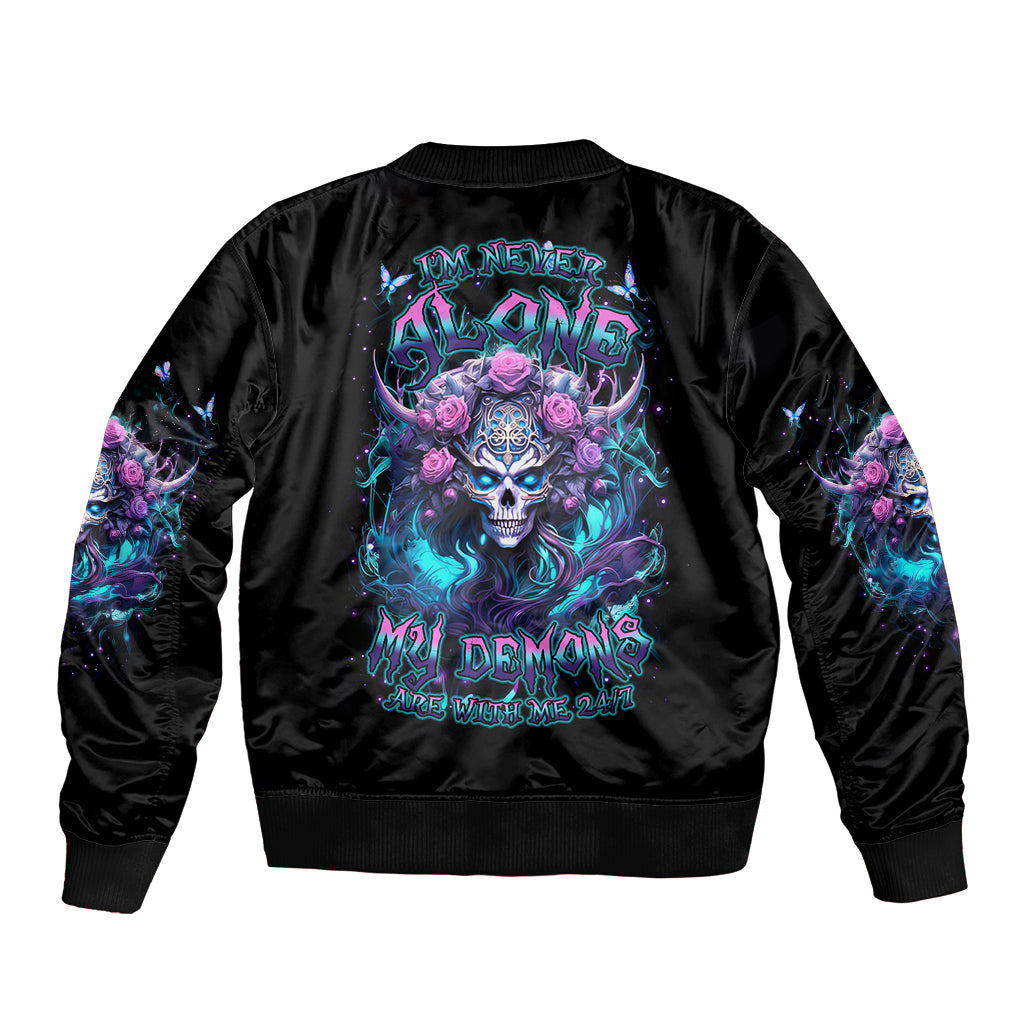 Rose Skull Sleeve Zip Bomber Jacket I'm Never Alone My Demons Are With Me 24/7