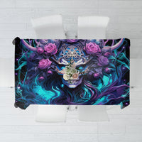 Square black tablecloth with neon teal/purple skull, roses, and ornate fantasy patterns