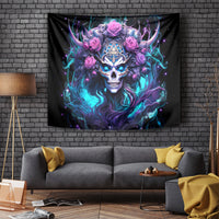 Black skull and rose tapestry with purple-blue flames and pink rose wreath