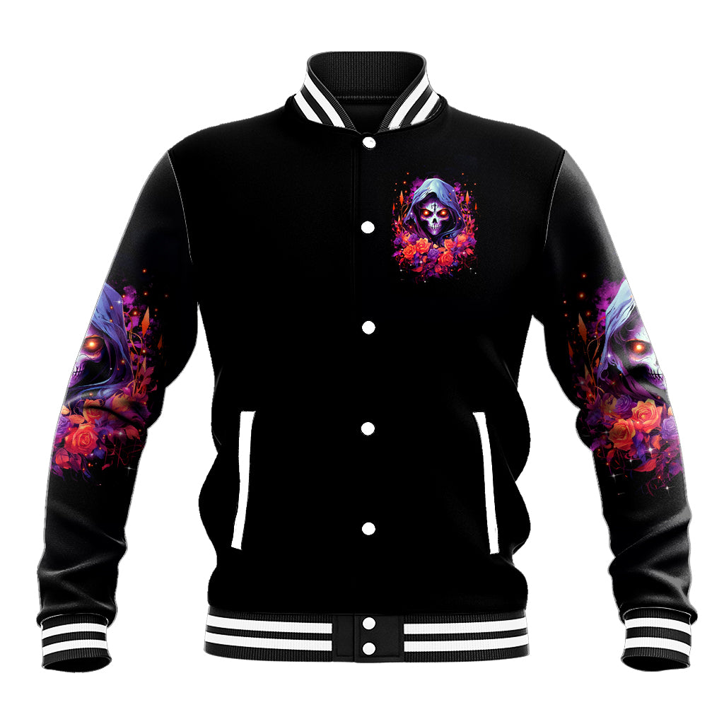 Black baseball jacket with skull rose chest print, snap-button front and striped collar