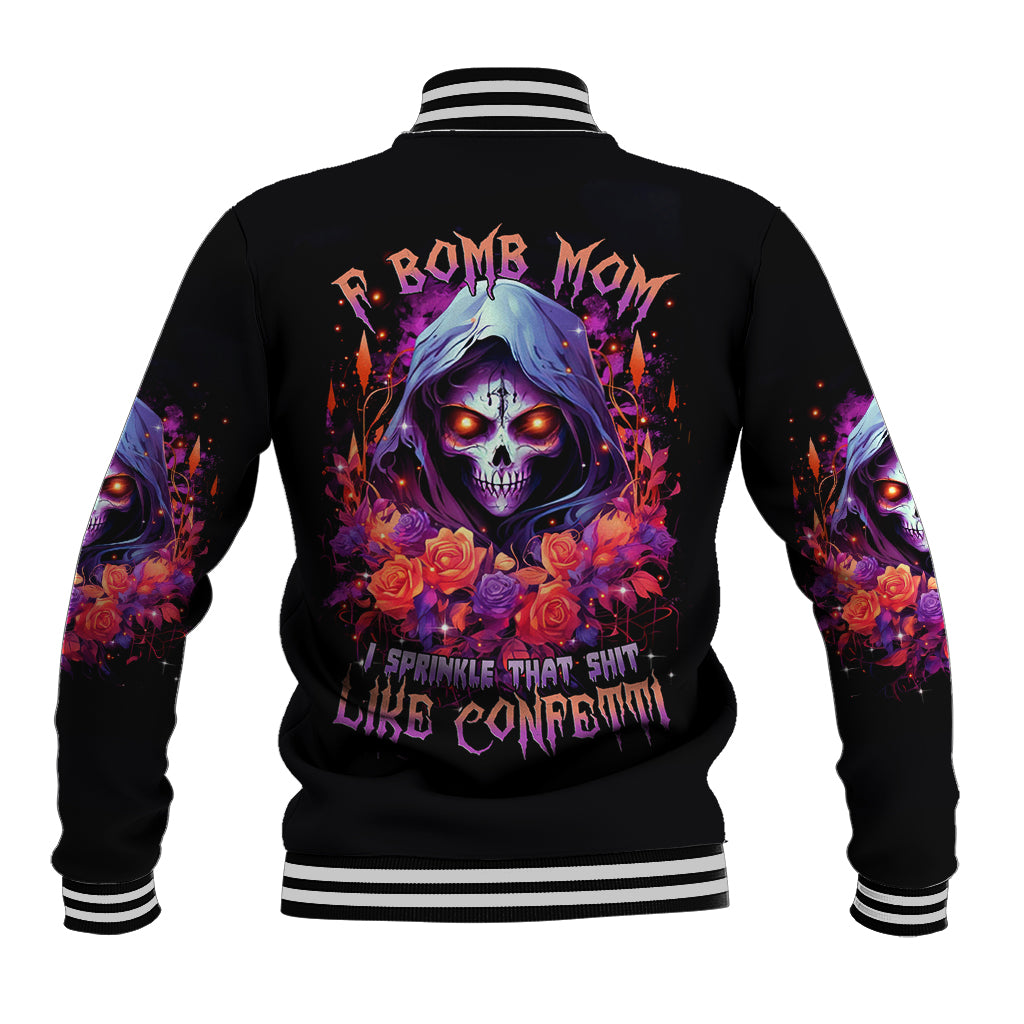 Black baseball jacket with skull rose graphic on back and striped ribbed cuffs